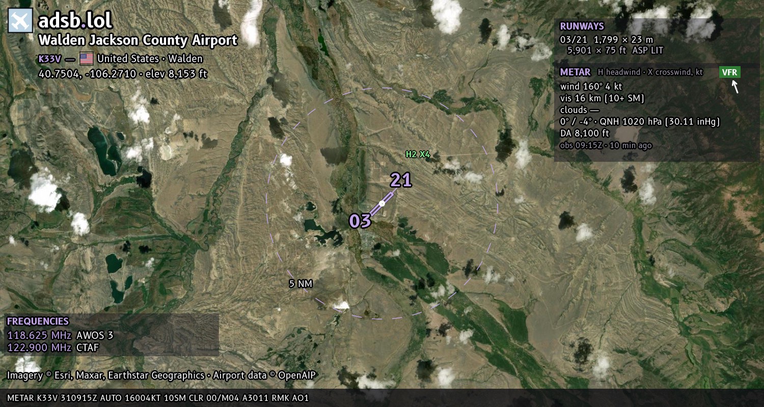 Satellite map with the runway layout of Walden Jackson County Airport (K33V)