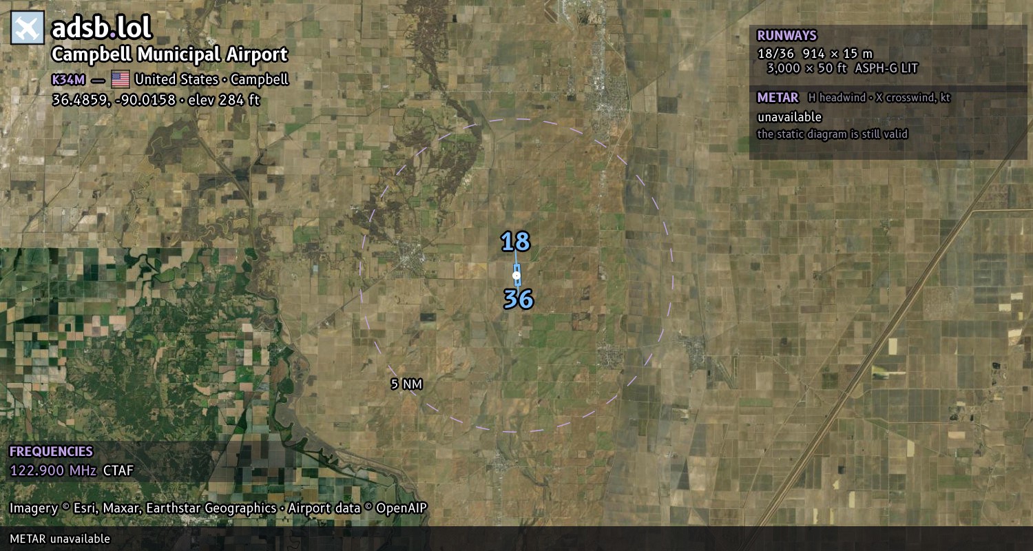 Satellite map with the runway layout of Campbell Municipal Airport (K34M)
