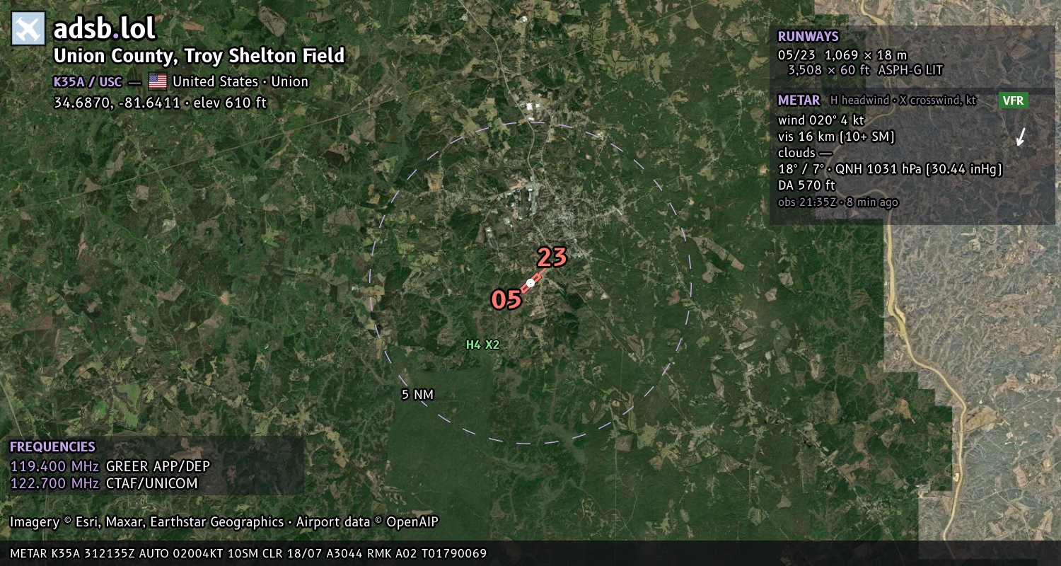 Satellite map with the runway layout of Union County, Troy Shelton Field (K35A)