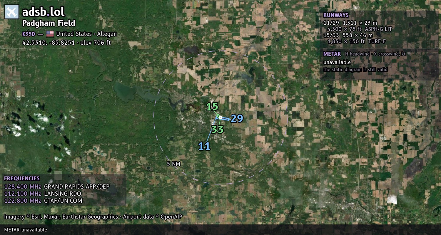 Satellite map with the runway layout of Padgham Field (K35D)