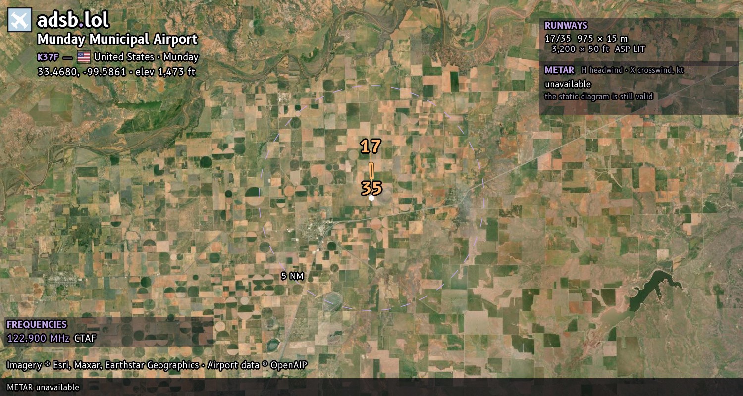 Satellite map with the runway layout of Munday Municipal Airport (K37F)