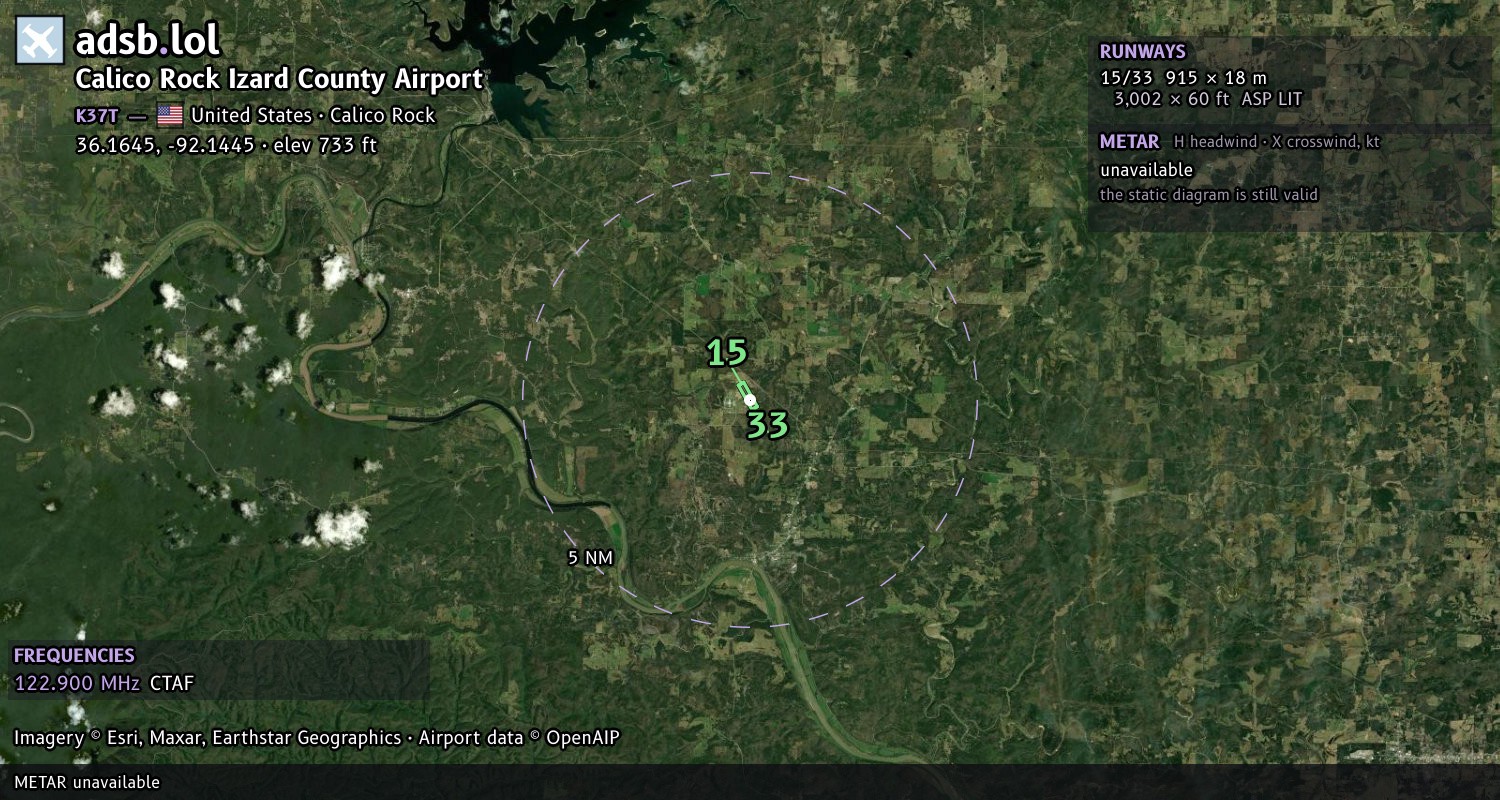 Satellite map with the runway layout of Calico Rock Izard County Airport (K37T)
