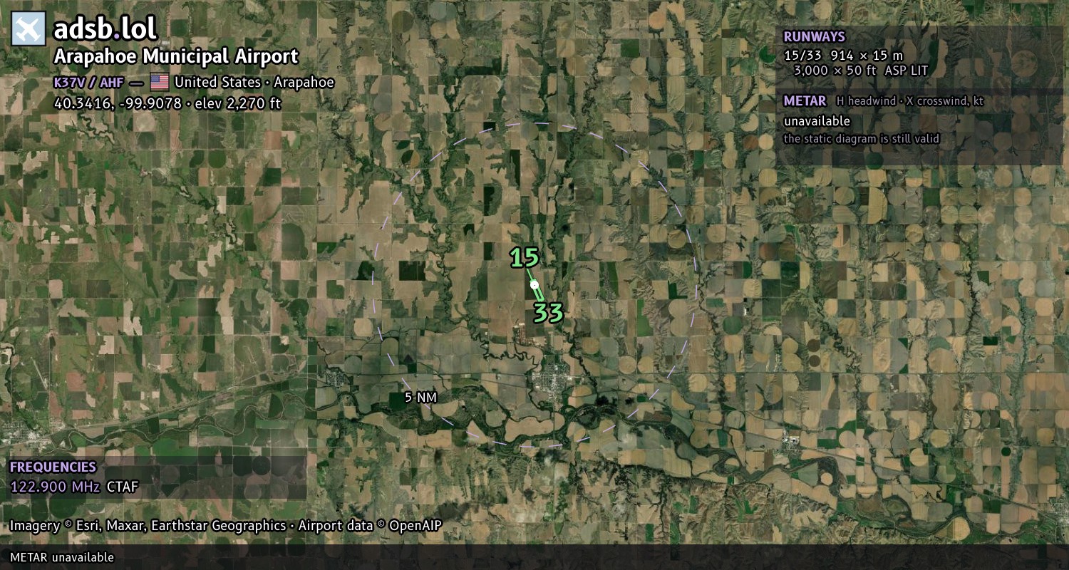 Satellite map with the runway layout of Arapahoe Municipal Airport (K37V)