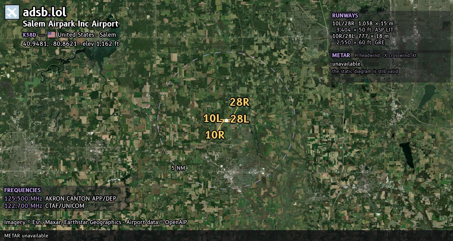 Satellite map with the runway layout of Salem Airpark Inc Airport (K38D)