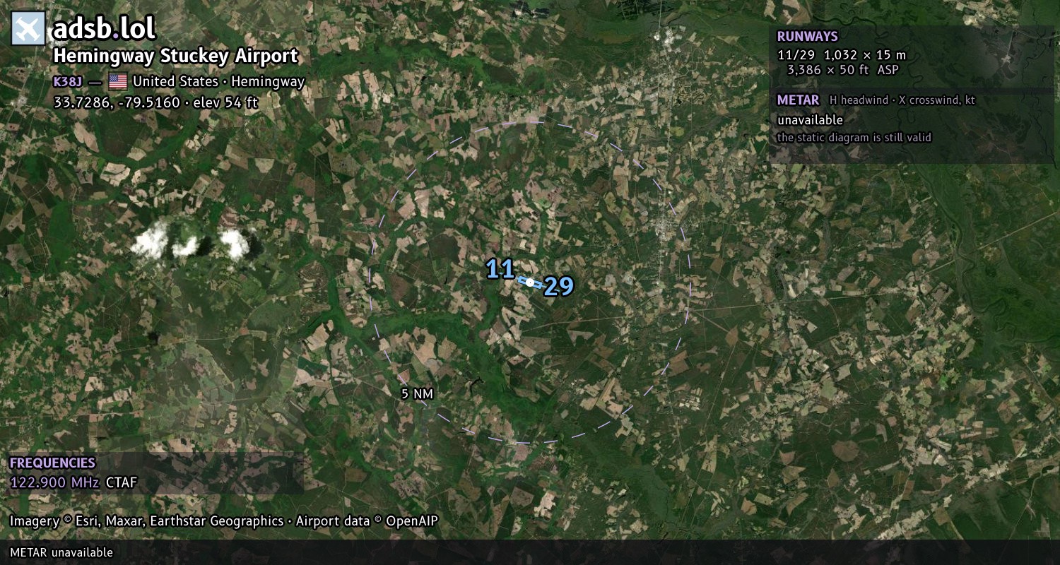 Satellite map with the runway layout of Hemingway Stuckey Airport (K38J)