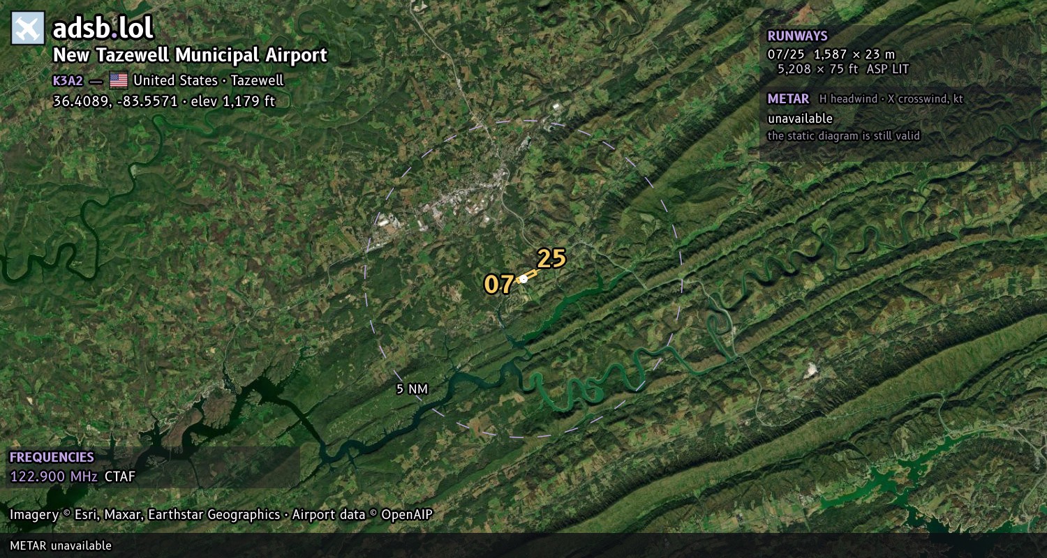 Satellite map with the runway layout of New Tazewell Municipal Airport (K3A2)