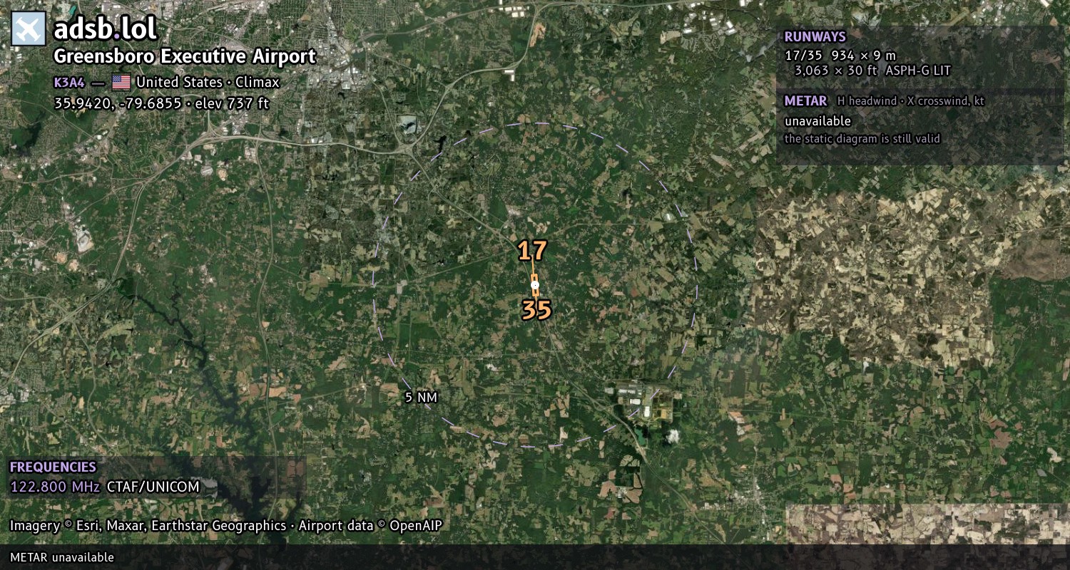 Satellite map with the runway layout of Greensboro Executive Airport (K3A4)