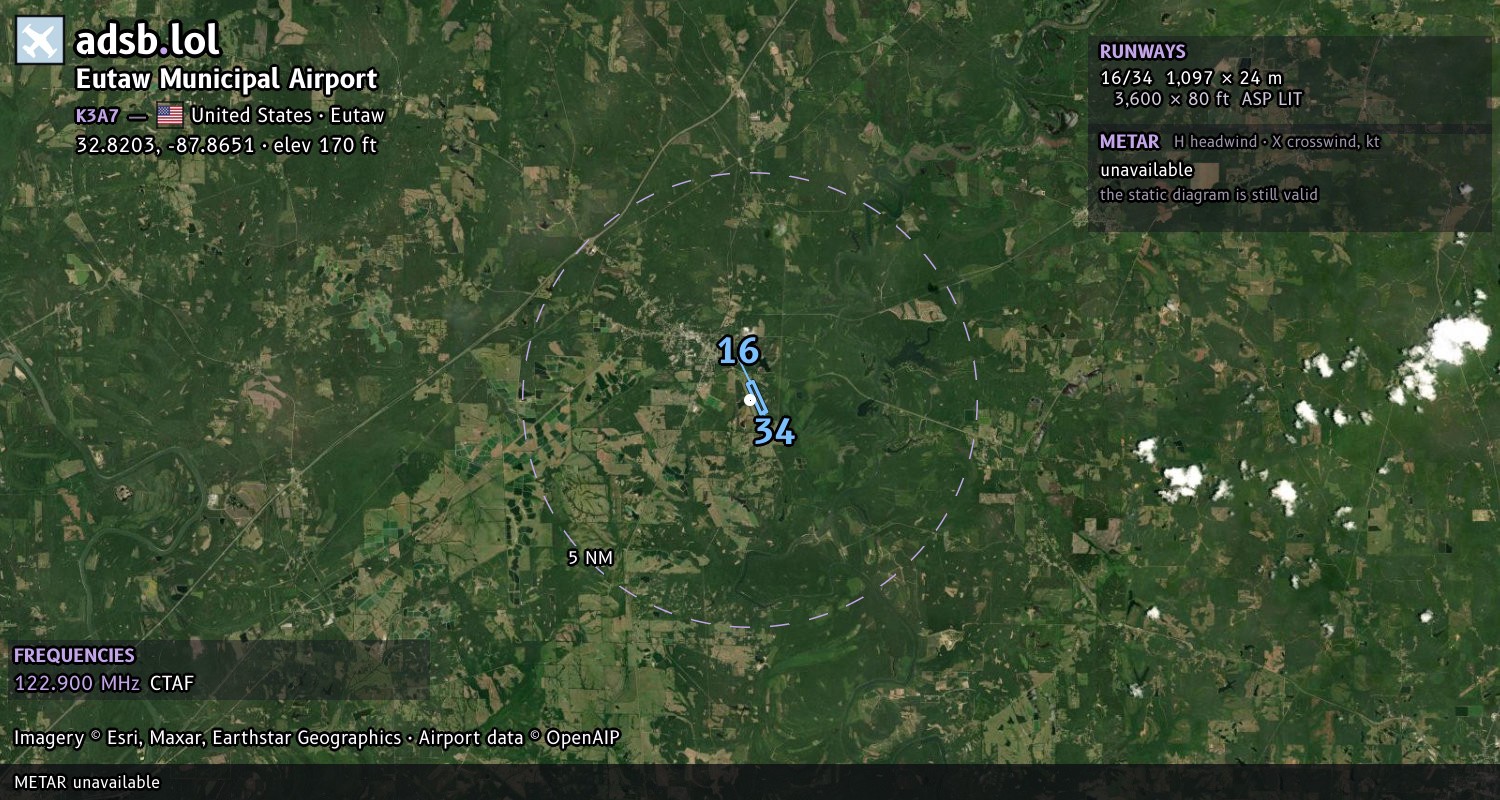 Satellite map with the runway layout of Eutaw Municipal Airport (K3A7)