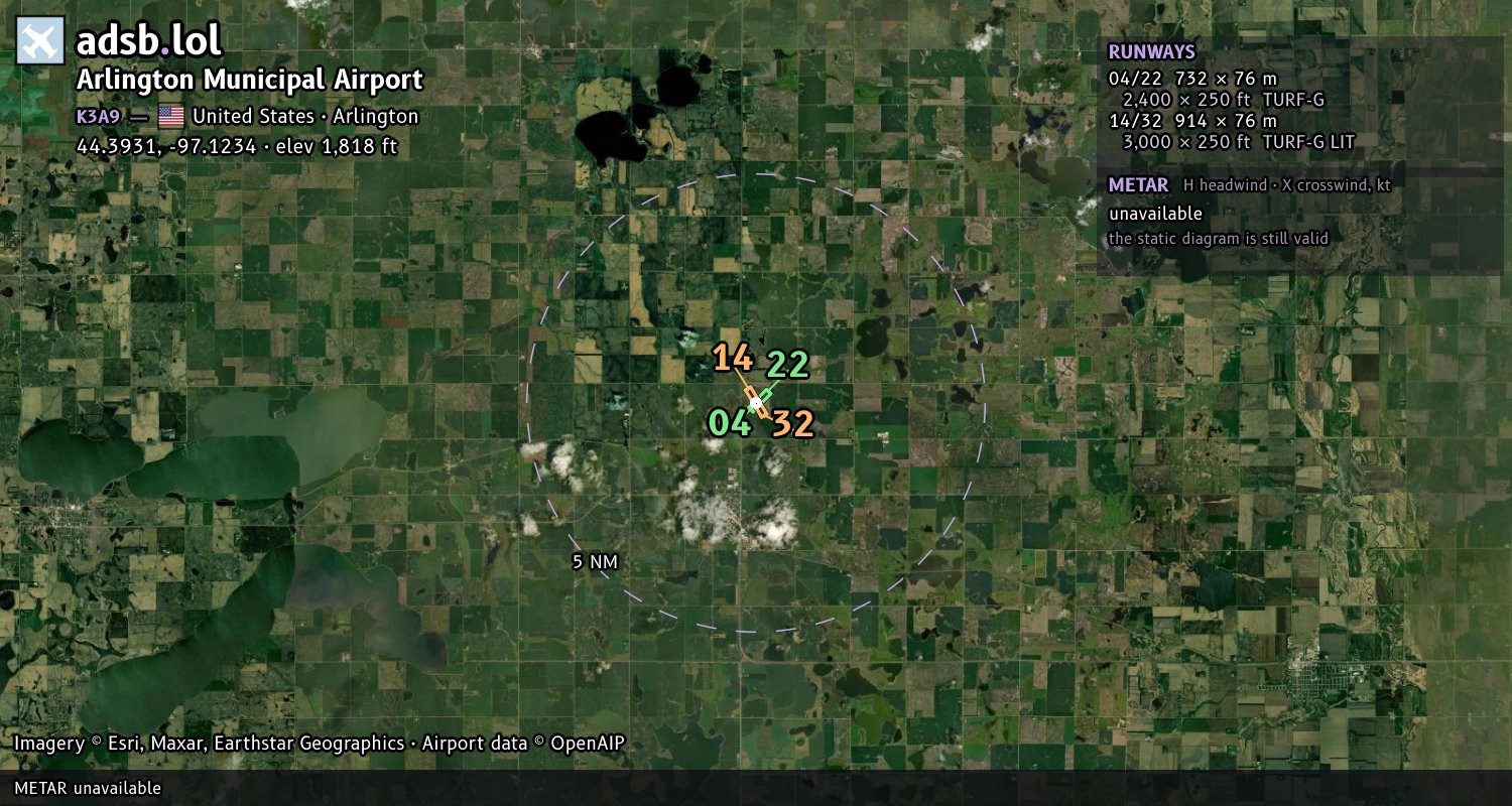 Satellite map with the runway layout of Arlington Municipal Airport (K3A9)