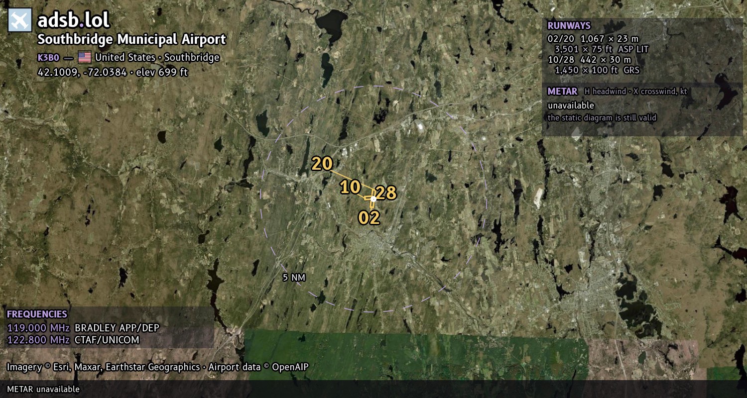 Satellite map with the runway layout of Southbridge Municipal Airport (K3B0)