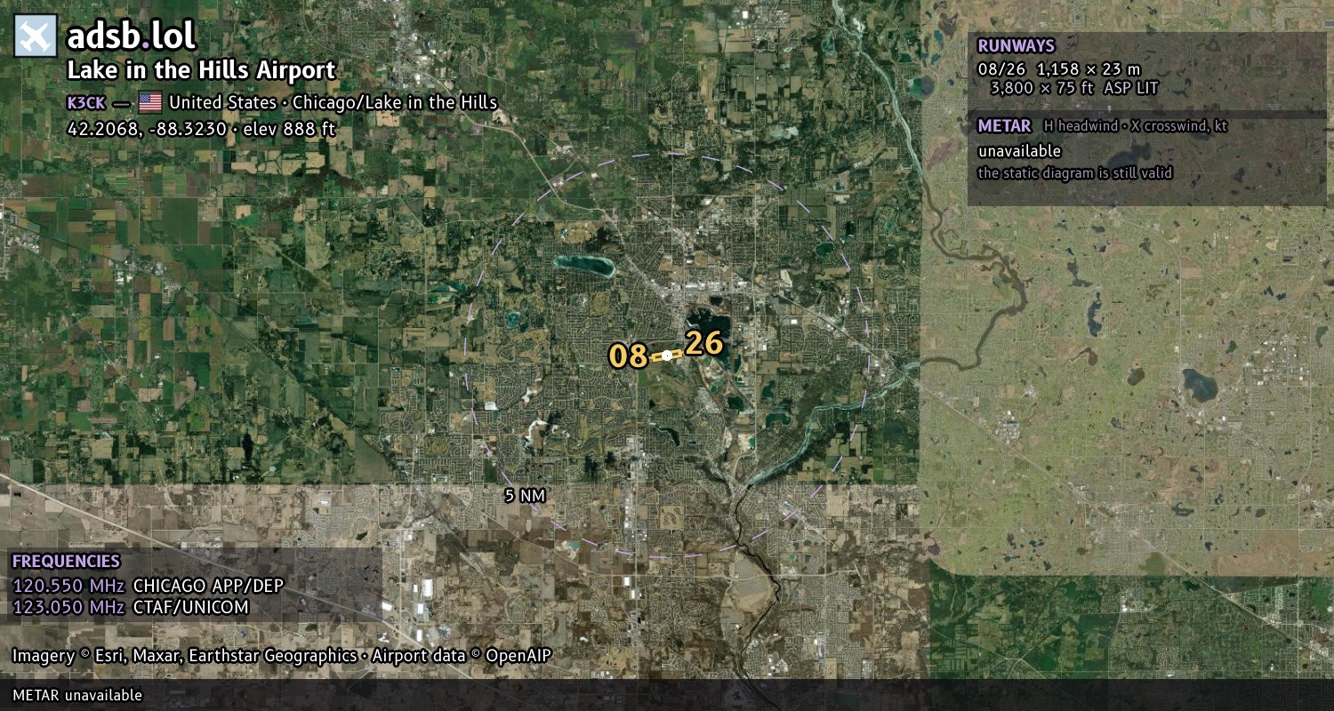 Satellite map with the runway layout of Lake in the Hills Airport (K3CK)