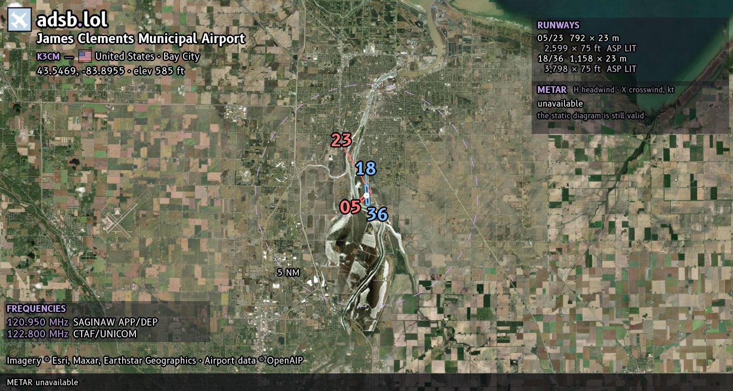 Satellite map with the runway layout of James Clements Municipal Airport (K3CM)