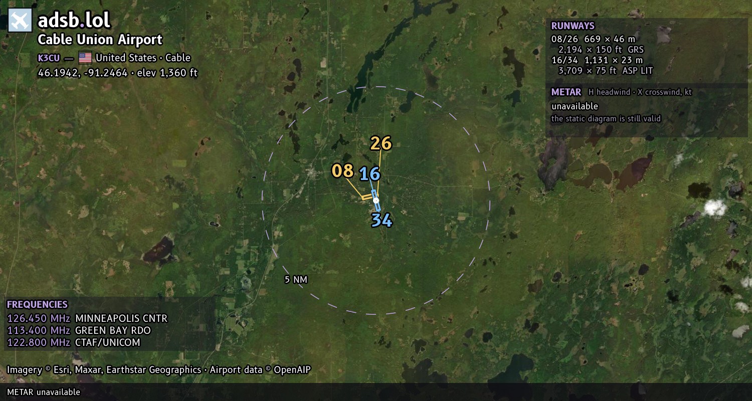 Satellite map with the runway layout of Cable Union Airport (K3CU)