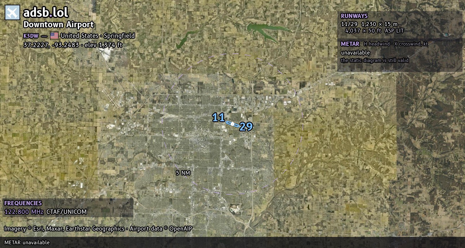 Satellite map with the runway layout of Downtown Airport (K3DW)