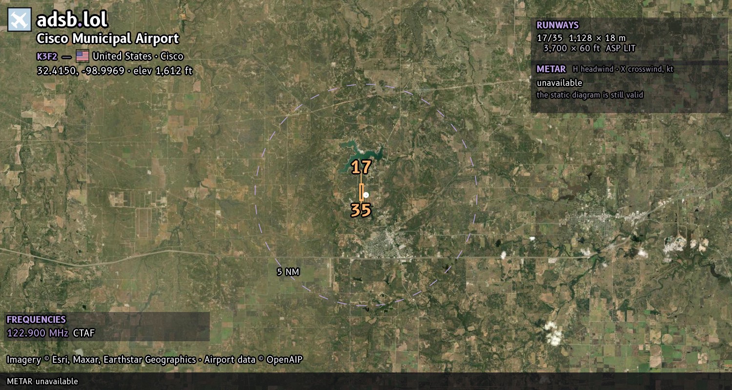 Satellite map with the runway layout of Cisco Municipal Airport (K3F2)