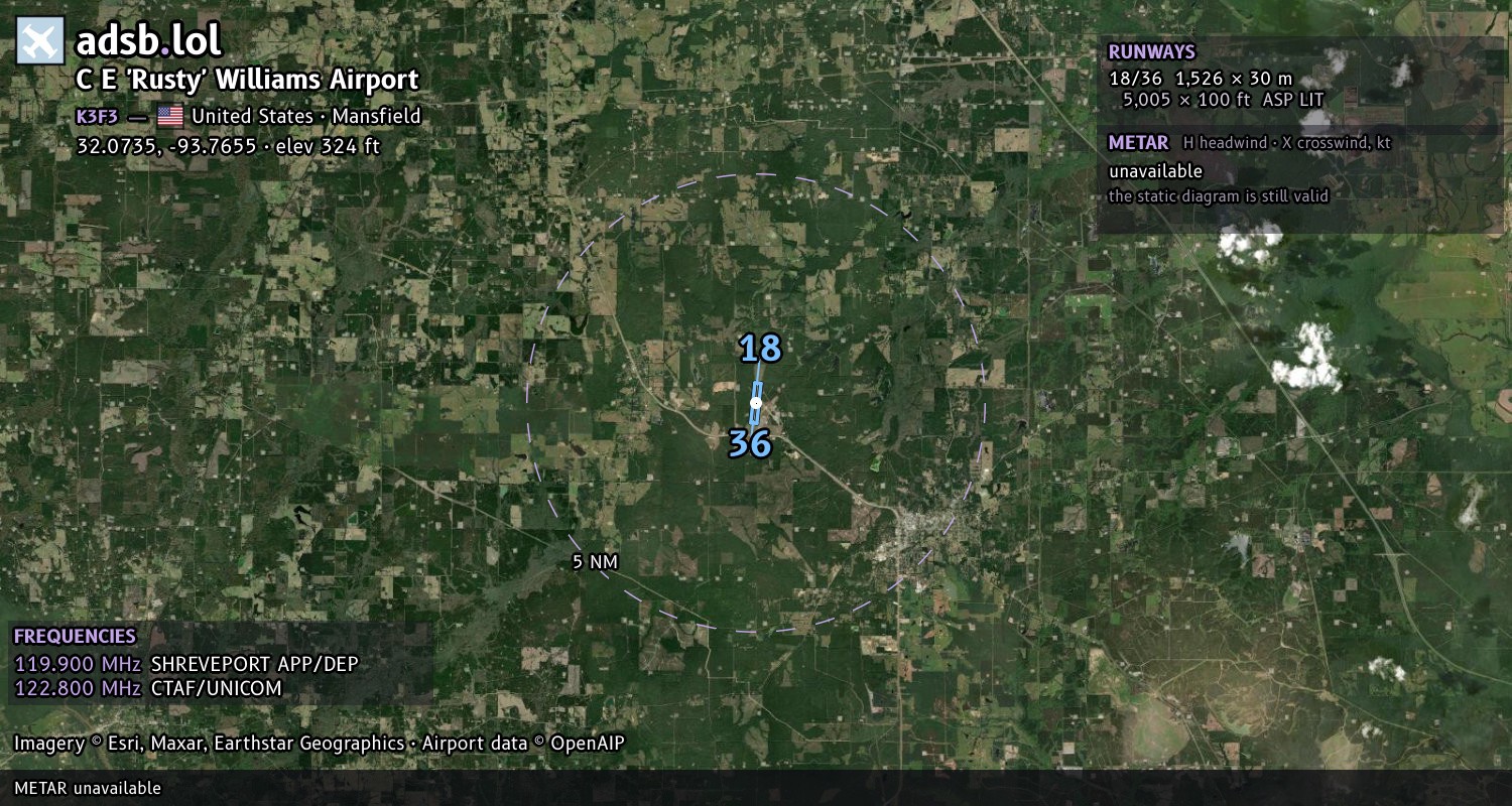 Satellite map with the runway layout of C E 'Rusty' Williams Airport (K3F3)