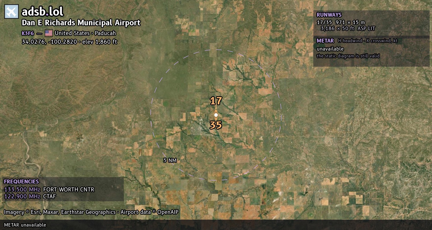 Satellite map with the runway layout of Dan E Richards Municipal Airport (K3F6)