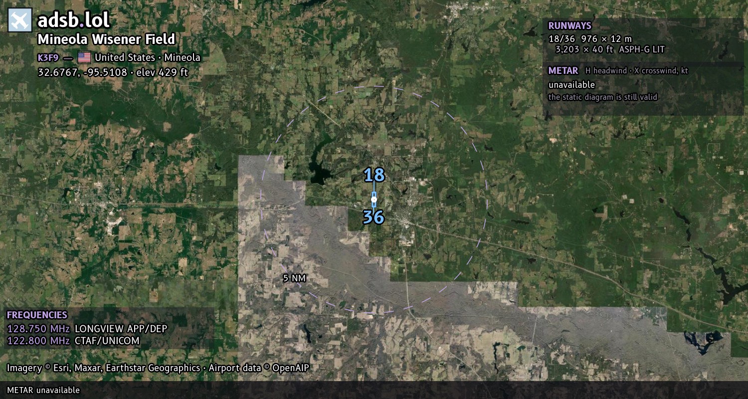 Satellite map with the runway layout of Mineola Wisener Field (K3F9)