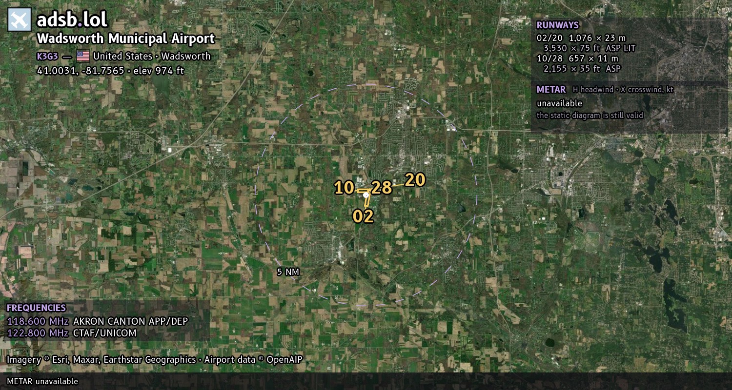 Satellite map with the runway layout of Wadsworth Municipal Airport (K3G3)