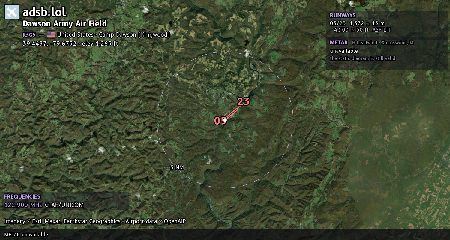 Satellite map with the runway layout of Dawson Army Air Field (K3G5)