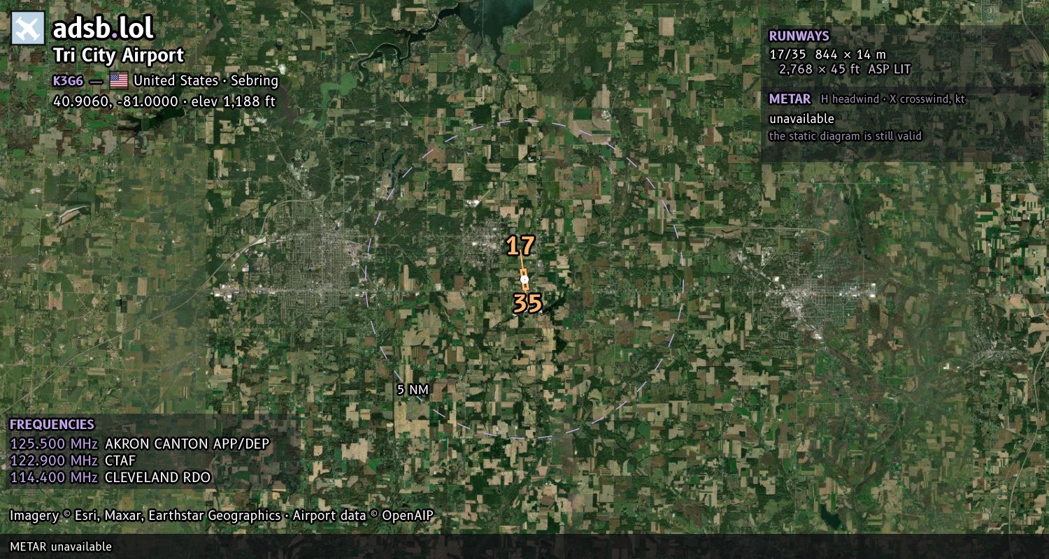 Satellite map with the runway layout of Tri City Airport (K3G6)