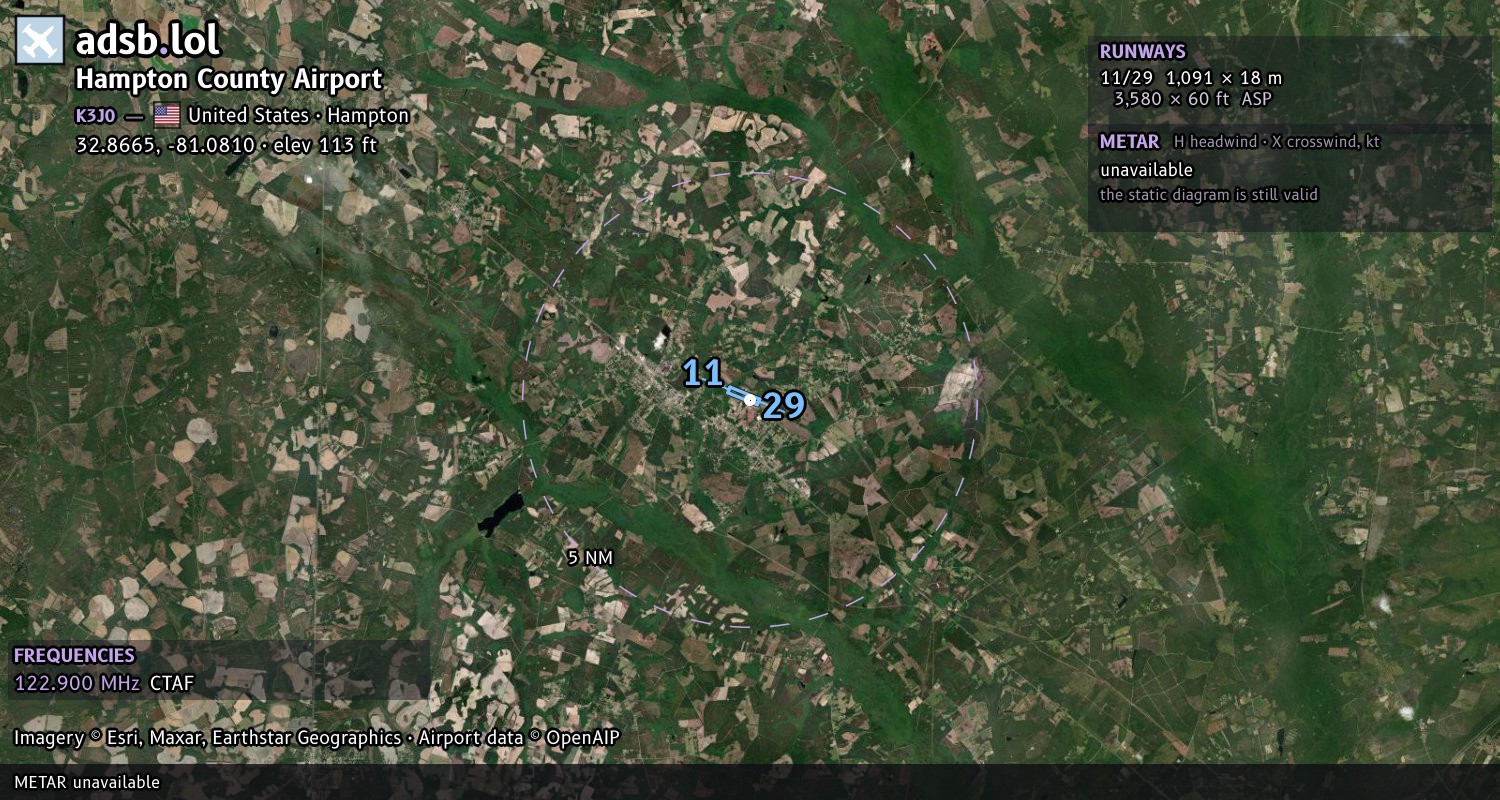 Satellite map with the runway layout of Hampton County Airport (K3J0)