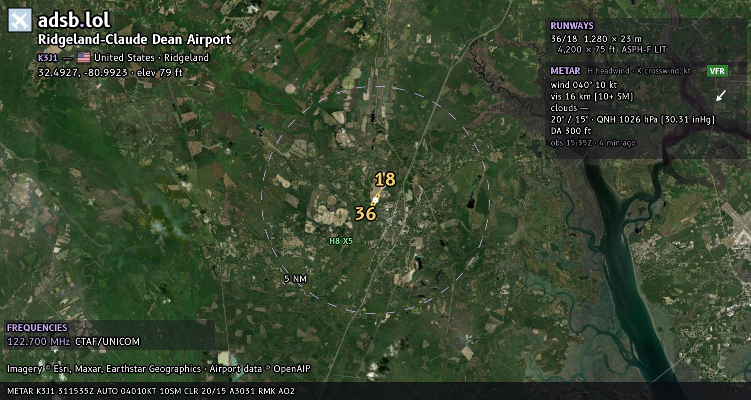 Satellite map with the runway layout of Ridgeland-Claude Dean Airport (K3J1)