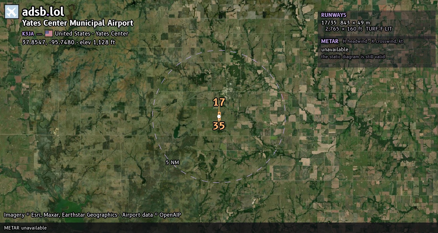Satellite map with the runway layout of Yates Center Municipal Airport (K3JA)