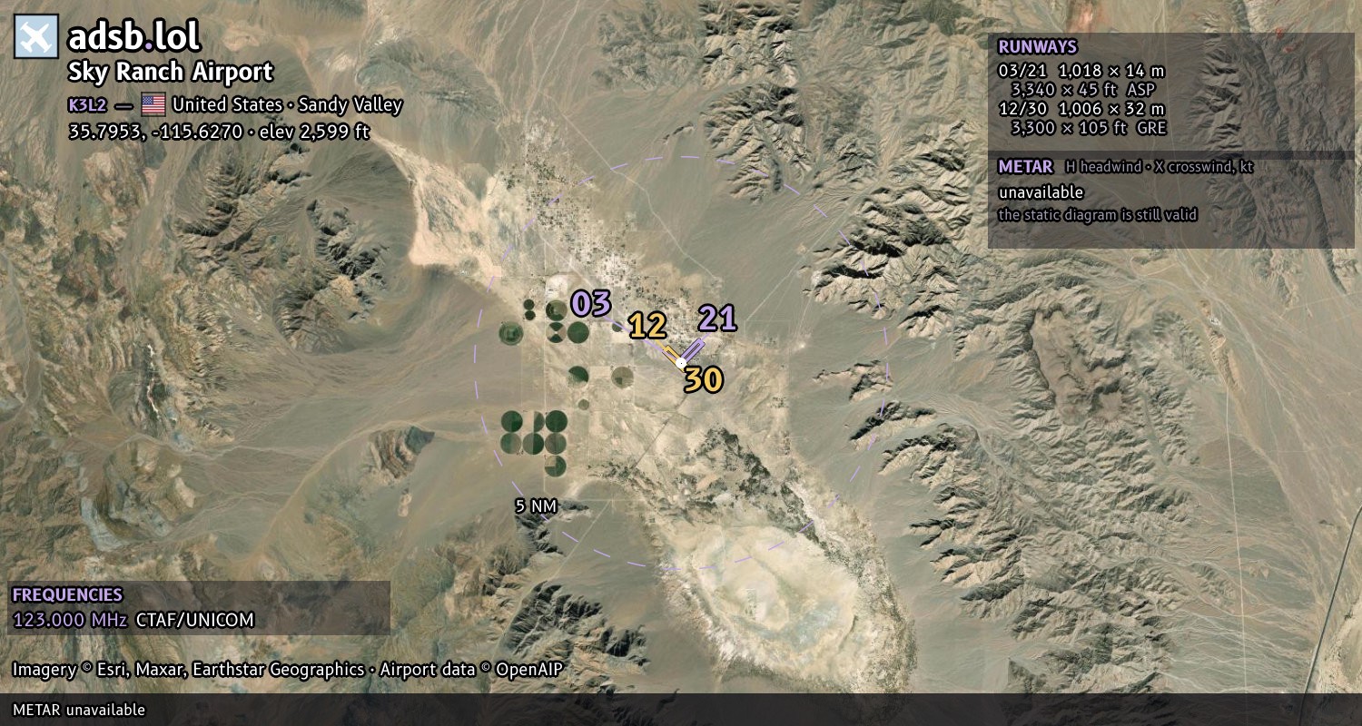 Satellite map with the runway layout of Sky Ranch Airport (K3L2)