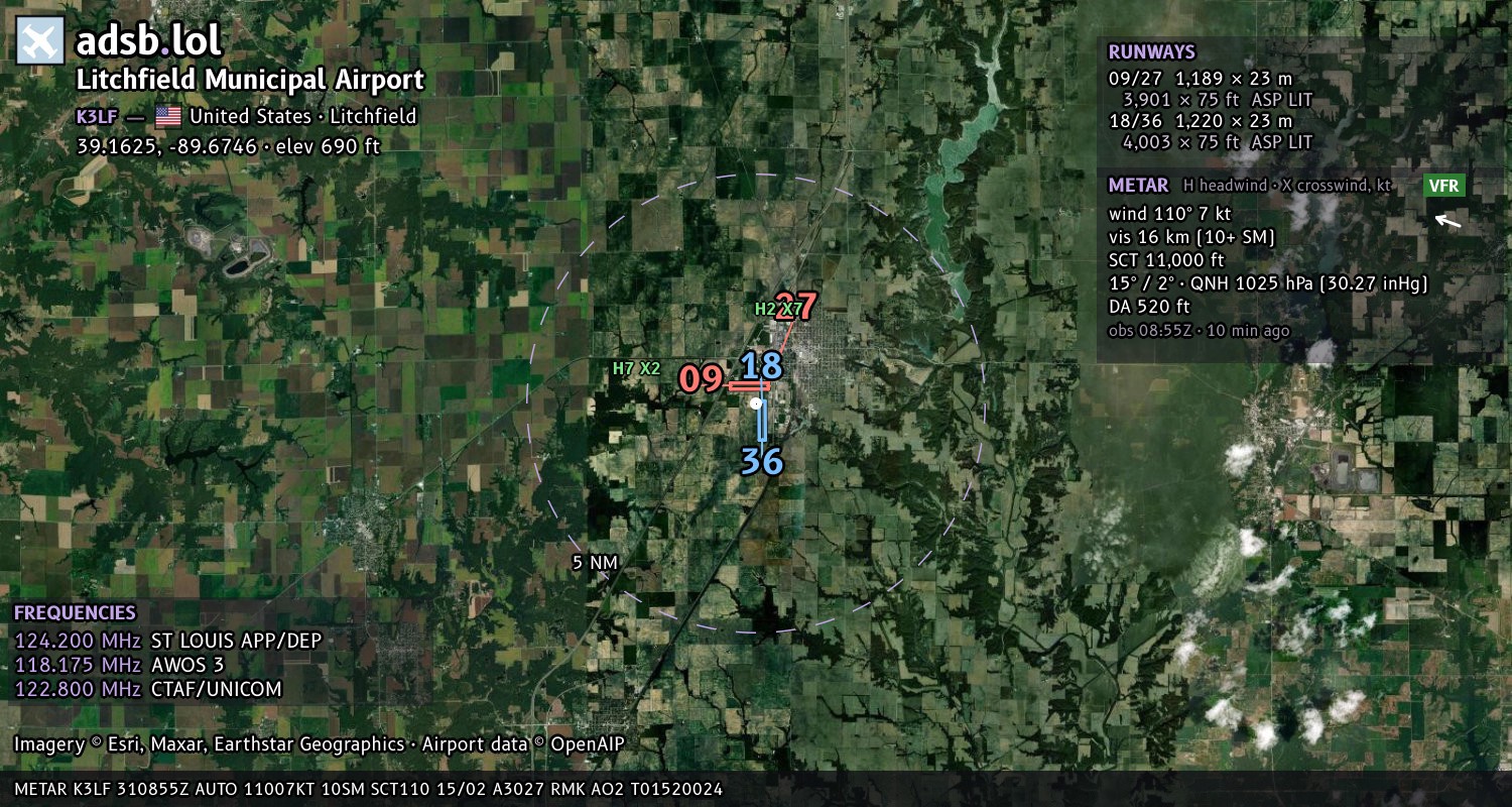 Satellite map with the runway layout of Litchfield Municipal Airport (K3LF)