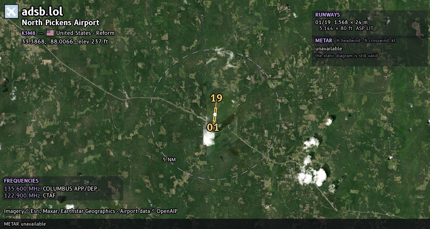 Satellite map with the runway layout of North Pickens Airport (K3M8)