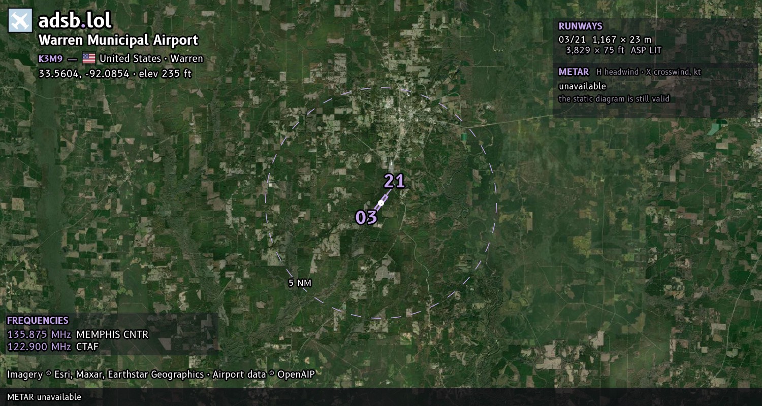 Satellite map with the runway layout of Warren Municipal Airport (K3M9)
