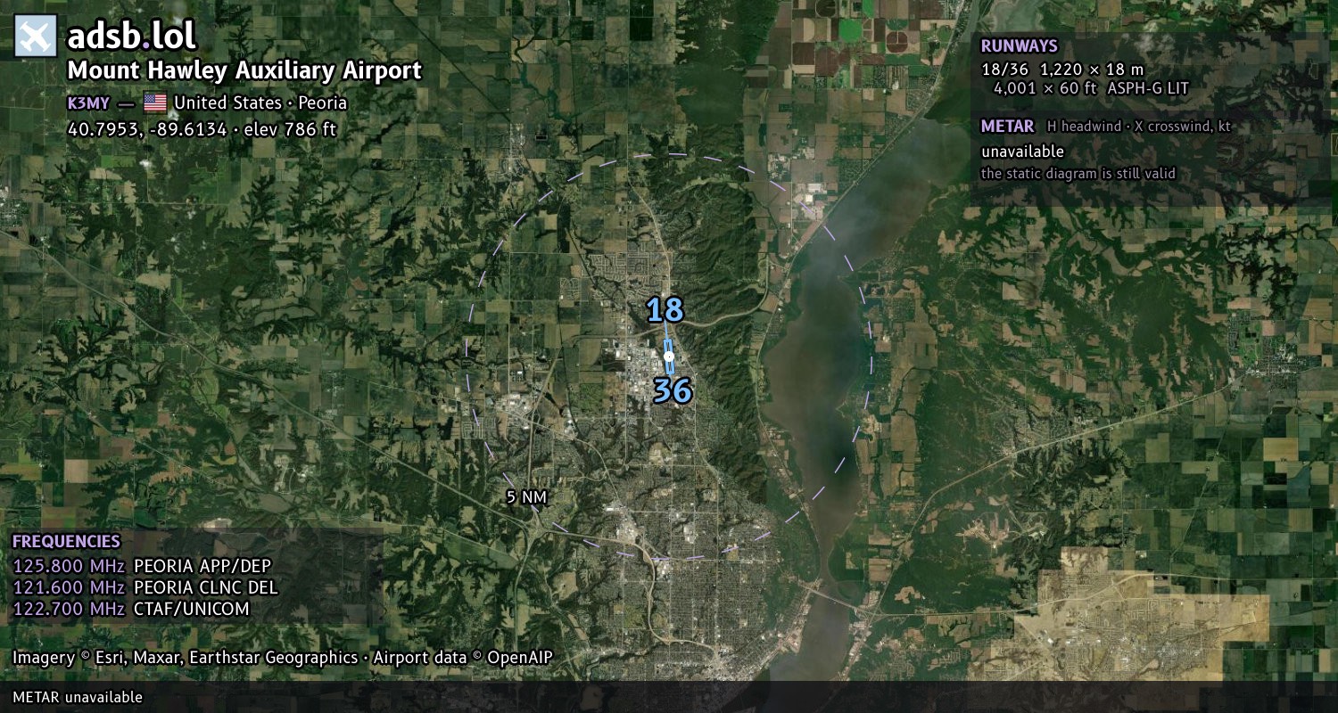 Satellite map with the runway layout of Mount Hawley Auxiliary Airport (K3MY)