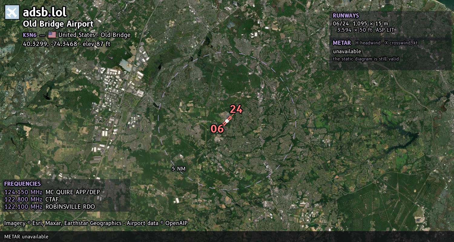 Satellite map with the runway layout of Old Bridge Airport (K3N6)