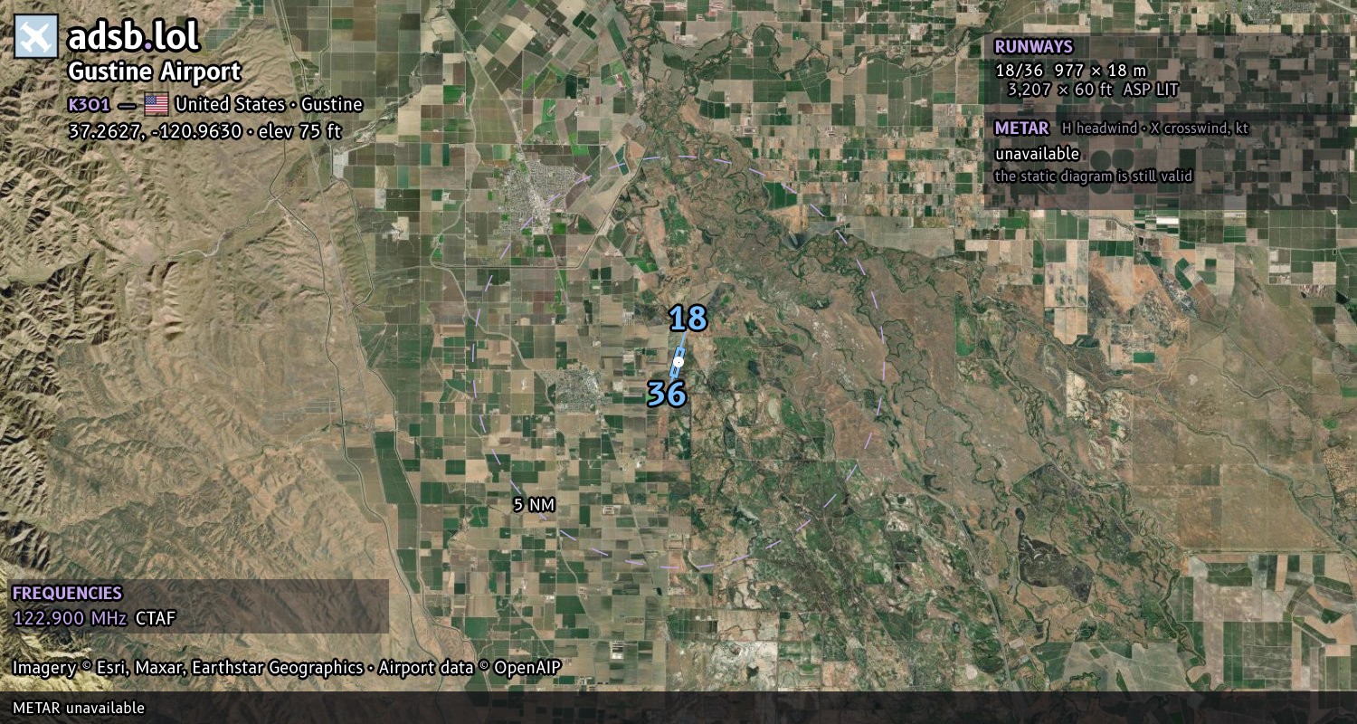 Satellite map with the runway layout of Gustine Airport (K3O1)