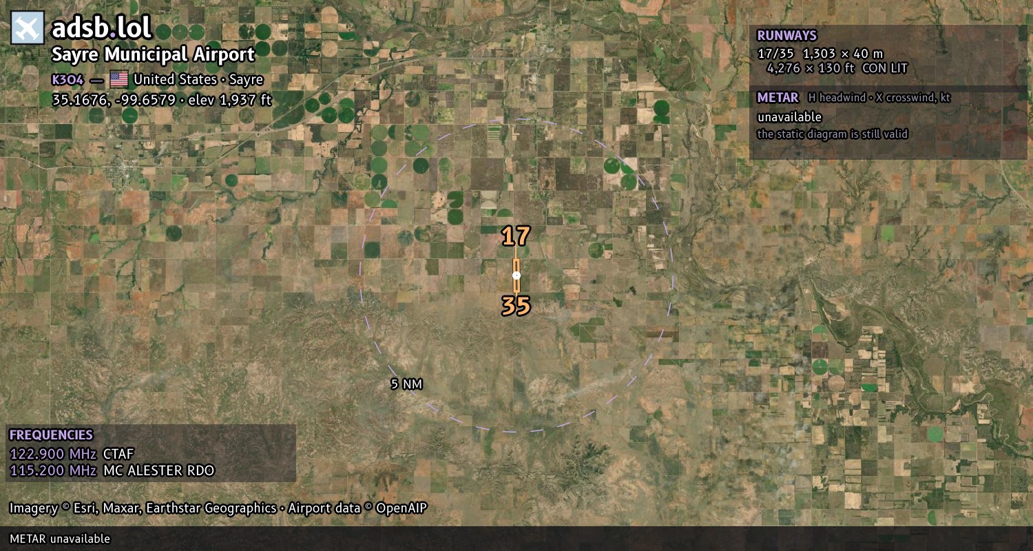 Satellite map with the runway layout of Sayre Municipal Airport (K3O4)