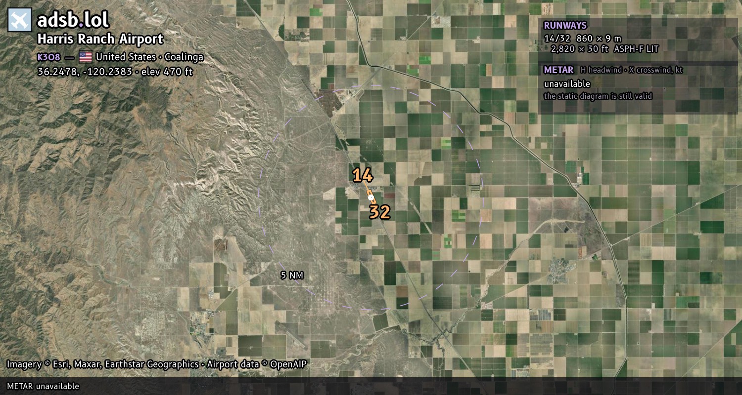 Satellite map with the runway layout of Harris Ranch Airport (K3O8)