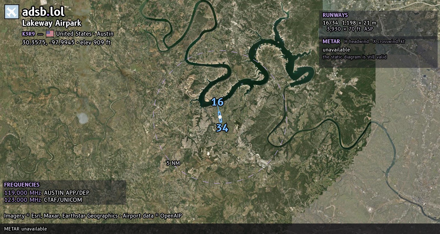 Satellite map with the runway layout of Lakeway Airpark (K3R9)