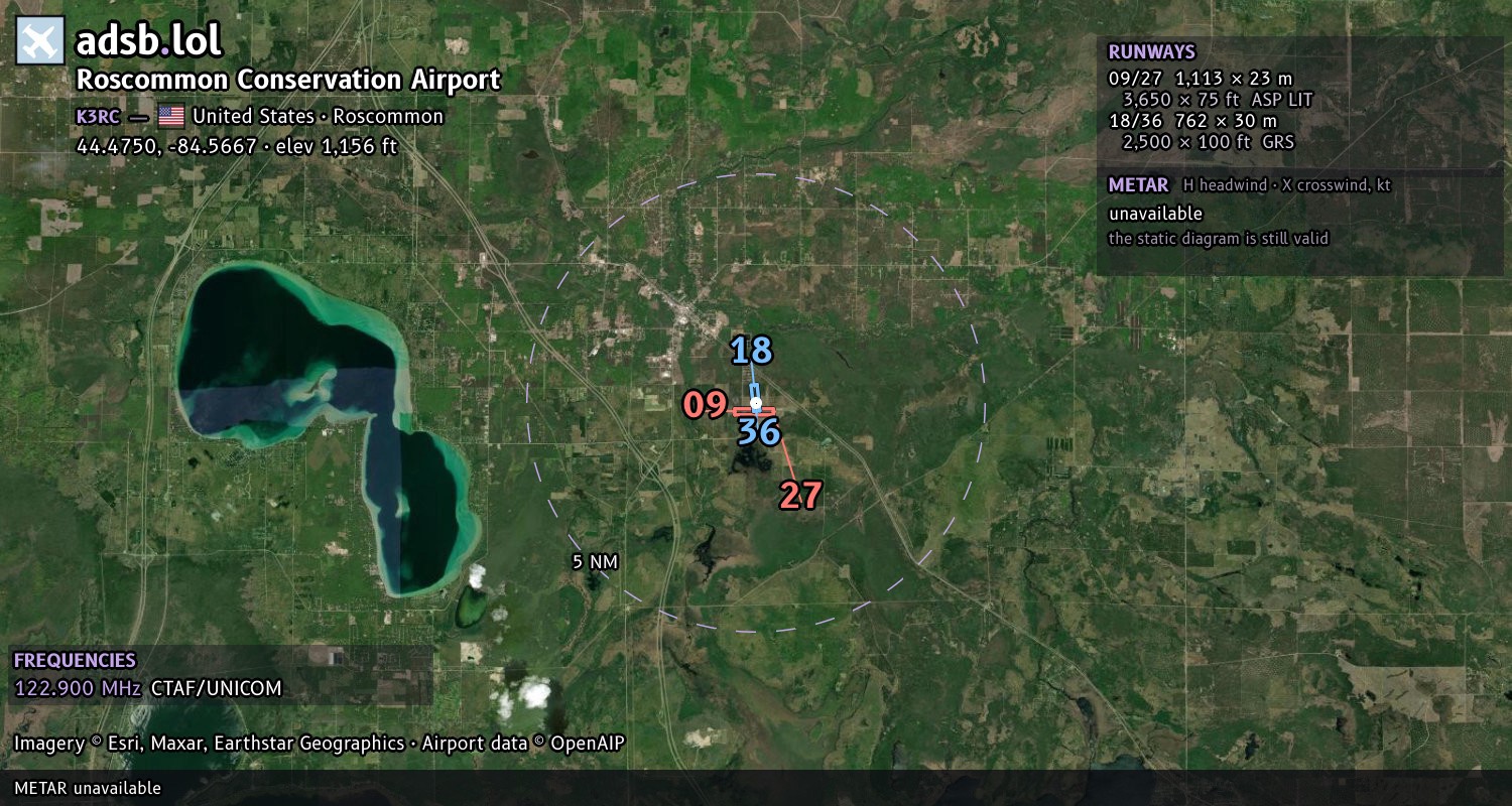 Satellite map with the runway layout of Roscommon Conservation Airport (K3RC)