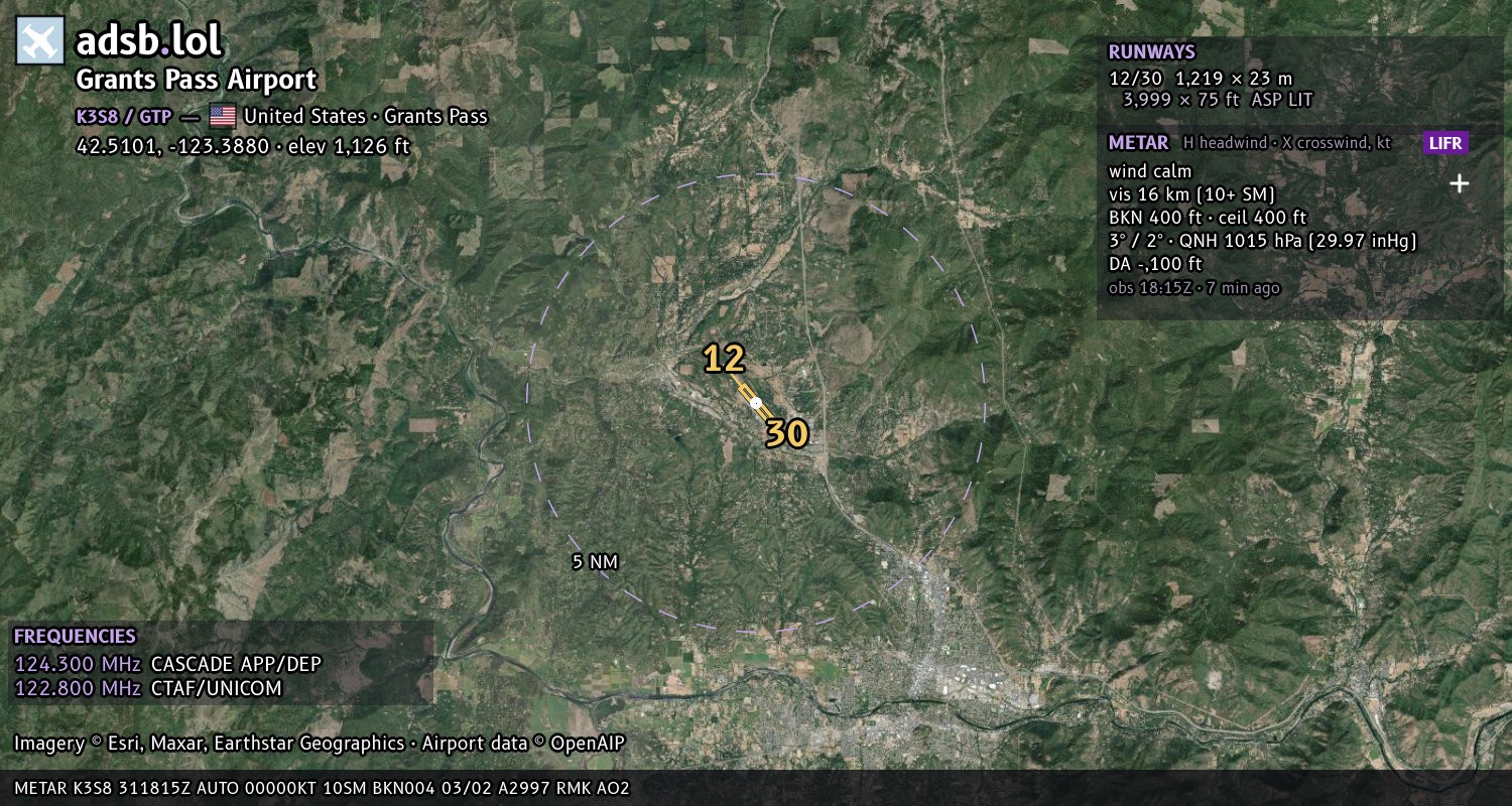 Satellite map with the runway layout of Grants Pass Airport (K3S8)