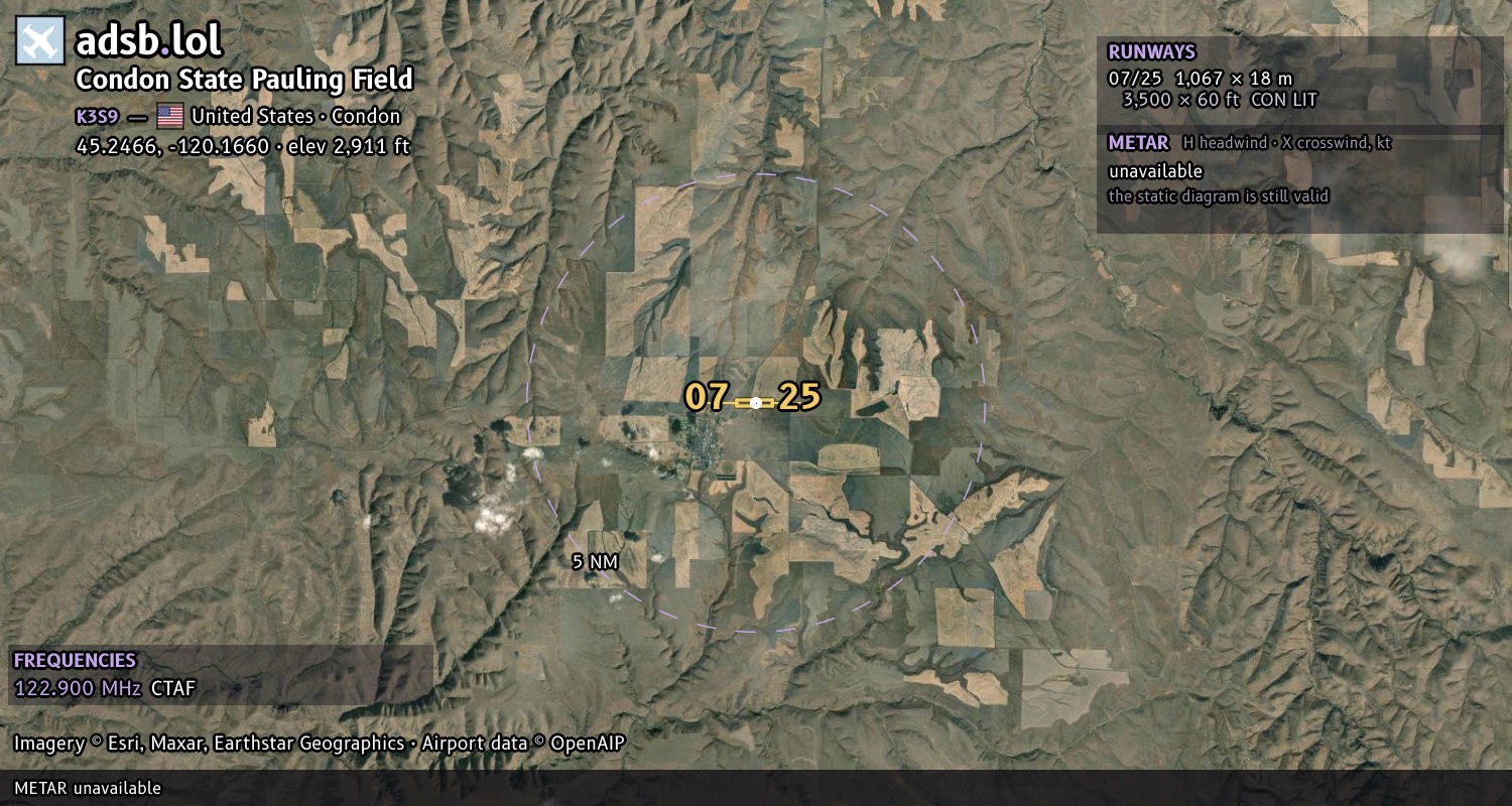 Satellite map with the runway layout of Condon State Pauling Field (K3S9)