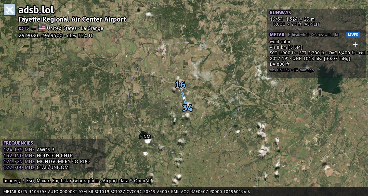 Satellite map with the runway layout of Fayette Regional Air Center Airport (K3T5)