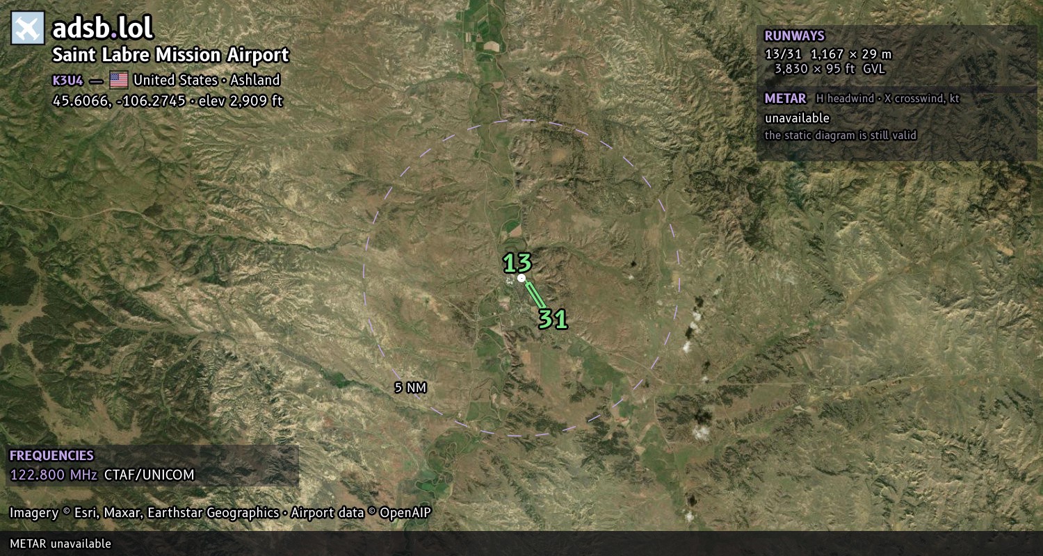 Satellite map with the runway layout of Saint Labre Mission Airport (K3U4)