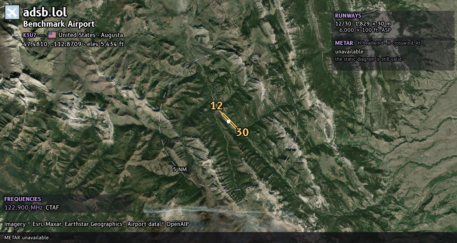 Satellite map with the runway layout of Benchmark Airport (K3U7)