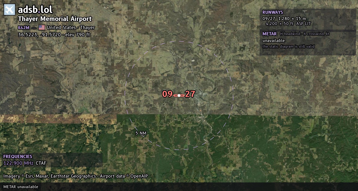Satellite map with the runway layout of Thayer Memorial Airport (K42M)