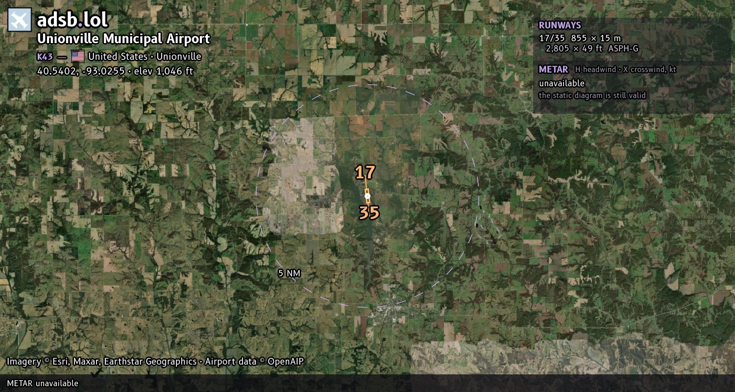 Satellite map with the runway layout of Unionville Municipal Airport (K43)