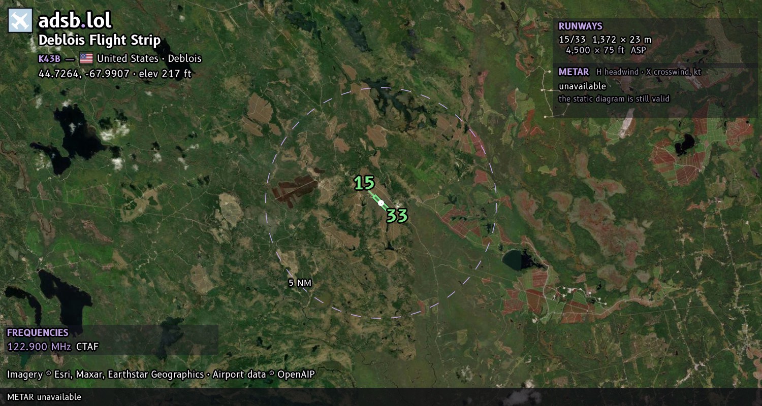 Satellite map with the runway layout of Deblois Flight Strip (K43B)