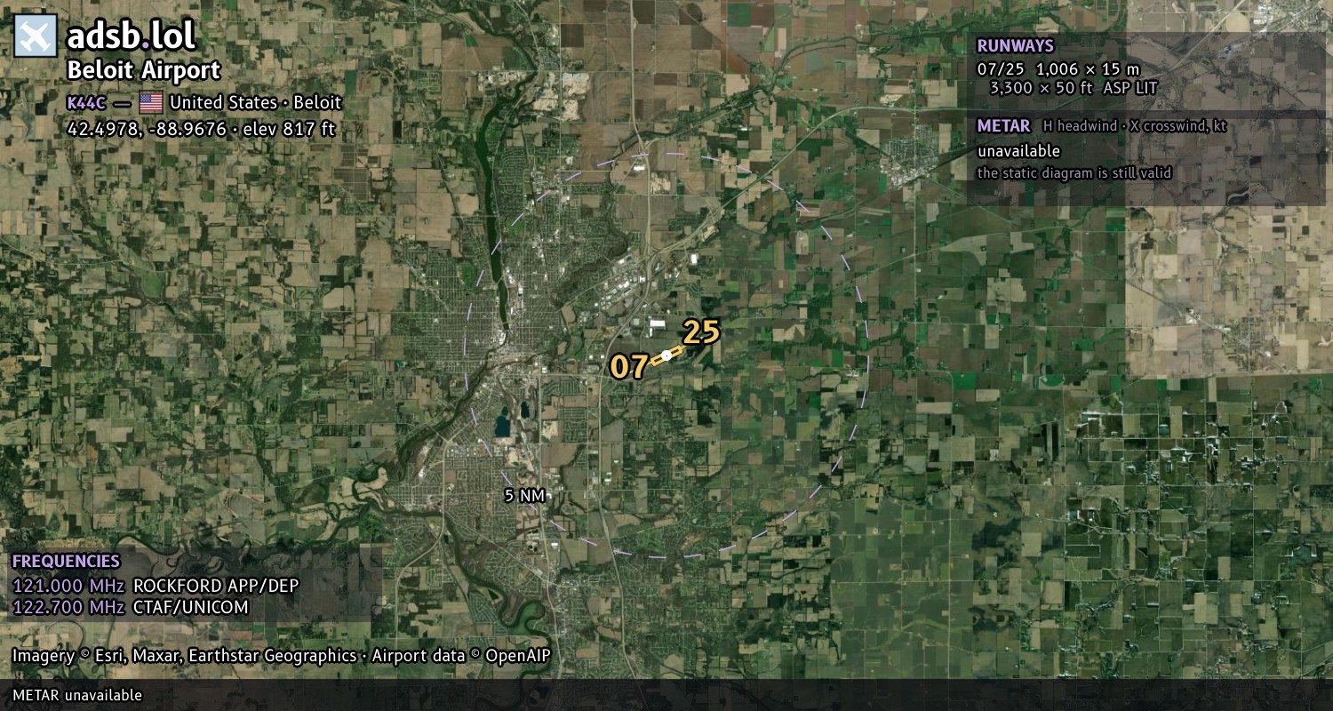 Satellite map with the runway layout of Beloit Airport (K44C)