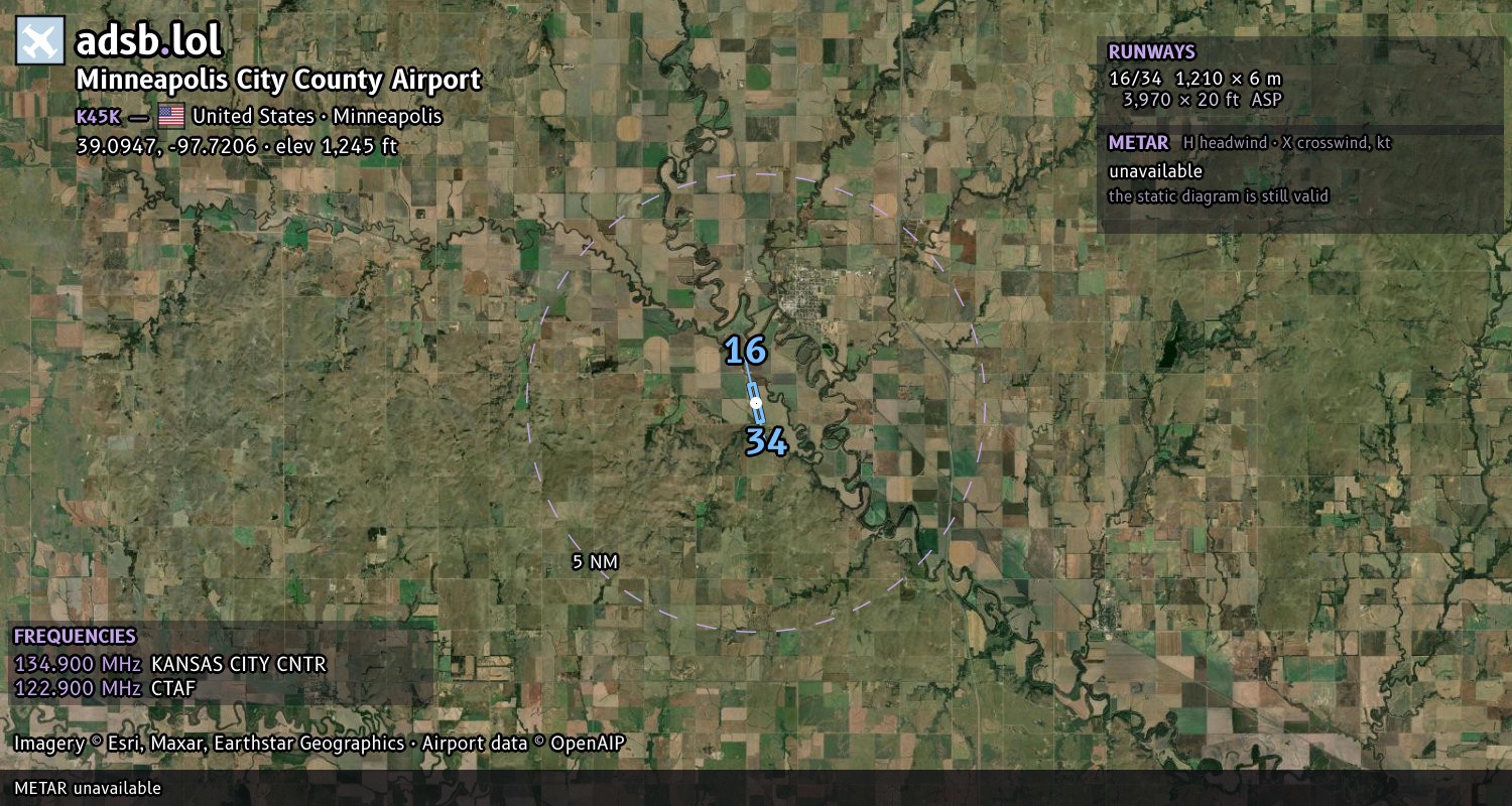 Satellite map with the runway layout of Minneapolis City County Airport (K45K)