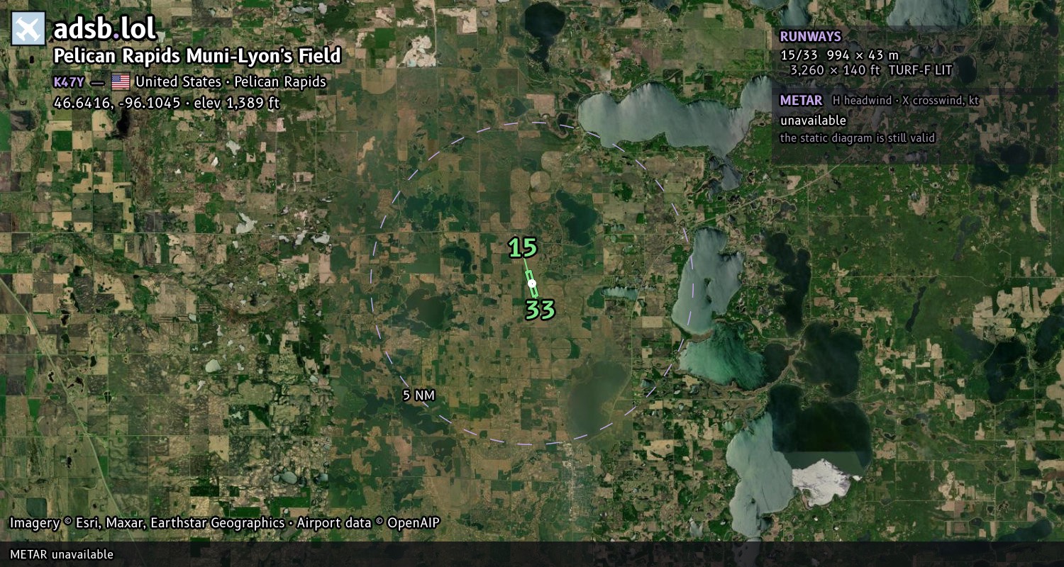 Satellite map with the runway layout of Pelican Rapids Muni-Lyon's Field (K47Y)